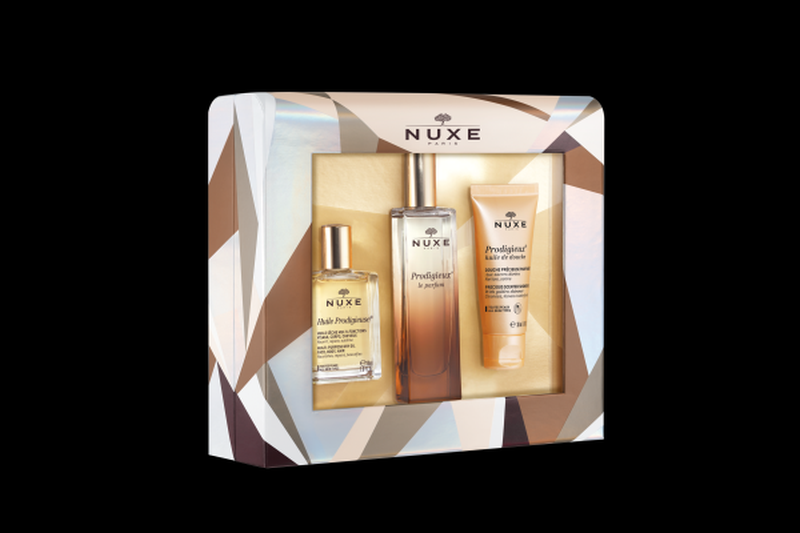 Подаръчен комплект Prodigiex Parfum на Nuxe (сухо масло Huile Prodigieuse 30 мл, душ гел 30 мл и парфюм 50 мл), 73 лв.